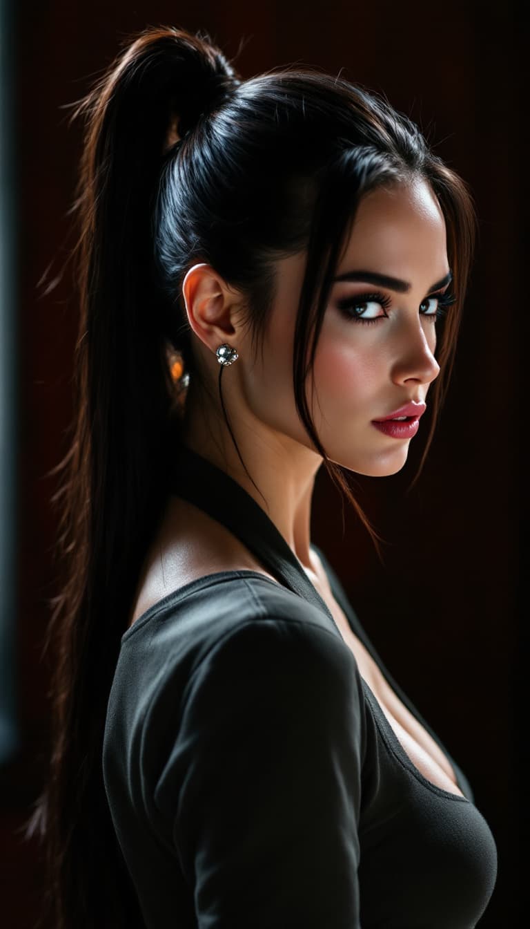 AI generated: Polarized photo ,Megan fox,ponytail hairstyle 