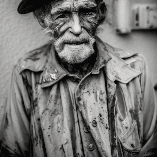 AI generated: weather worn dirty old war veteran, homeless and living on the streets, 