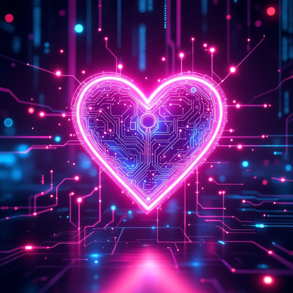 AI generated: A futuristic digital heart made of glowing neon circuits, pulsating with soft blue and pink lights. ...