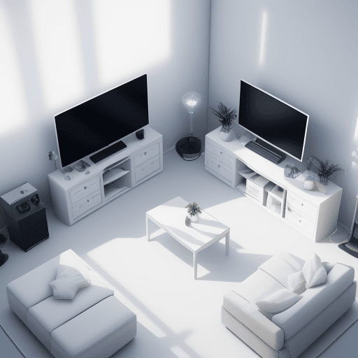 AI generated: all white, 3d render, isometric cutout view with a racing simulator in the middle of a room, soft sh...
