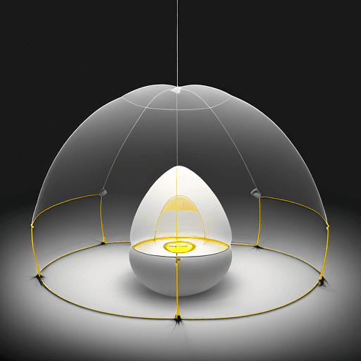 AI generated: an egg-shaped structure covered with a membrane stretched like a tent, it uses a frame of vertical a...