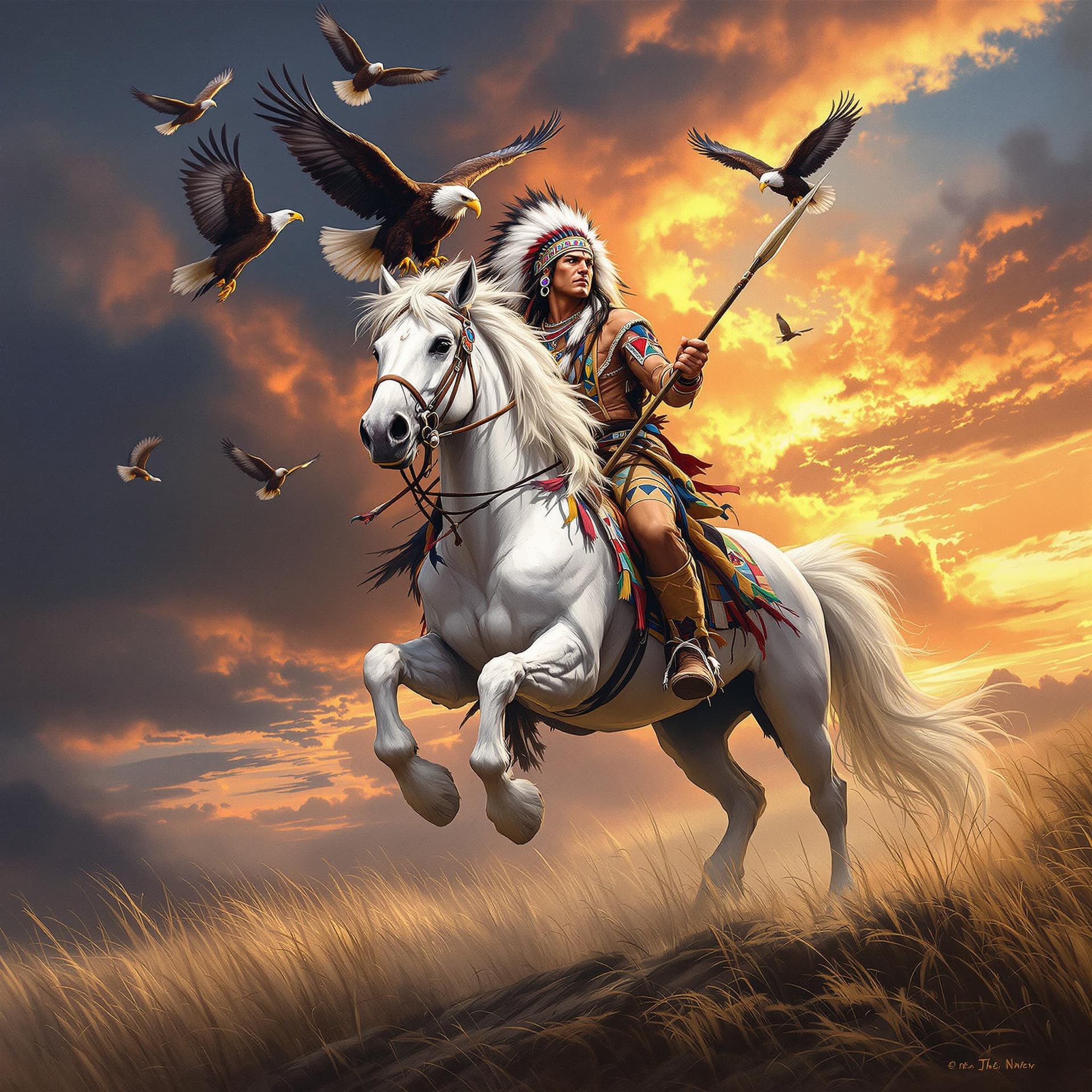AI generated: an oil color painting of Native American Indian chief on a wild white stallion horse, wearing tradit...