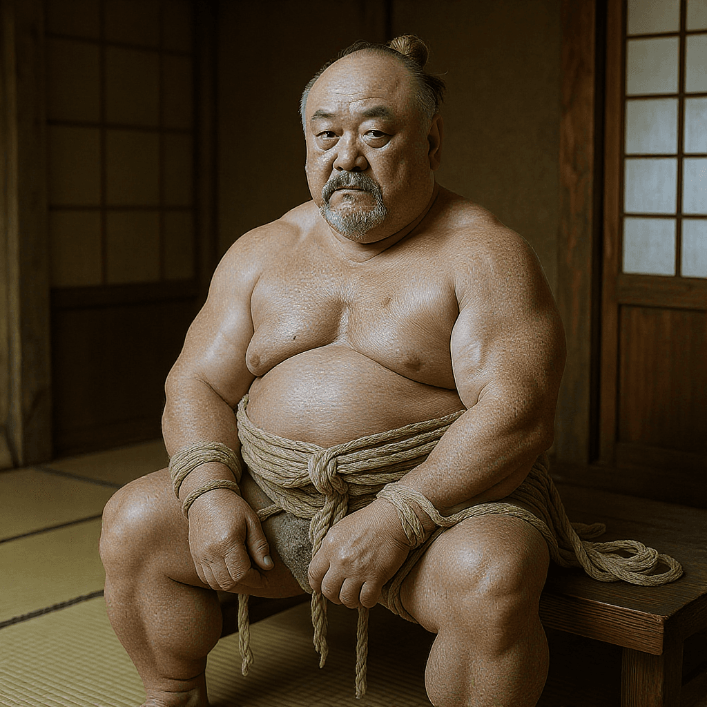 AI generated: Male bodybuilder, 381-year-old, bound in shibari ropes, seated on a bench in a Japanese tea House. 