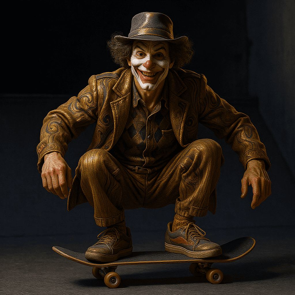 AI generated: Skateboarding clown, Digital rendering, 3D modeling, Contemporary era, High contrast with dark and g...
