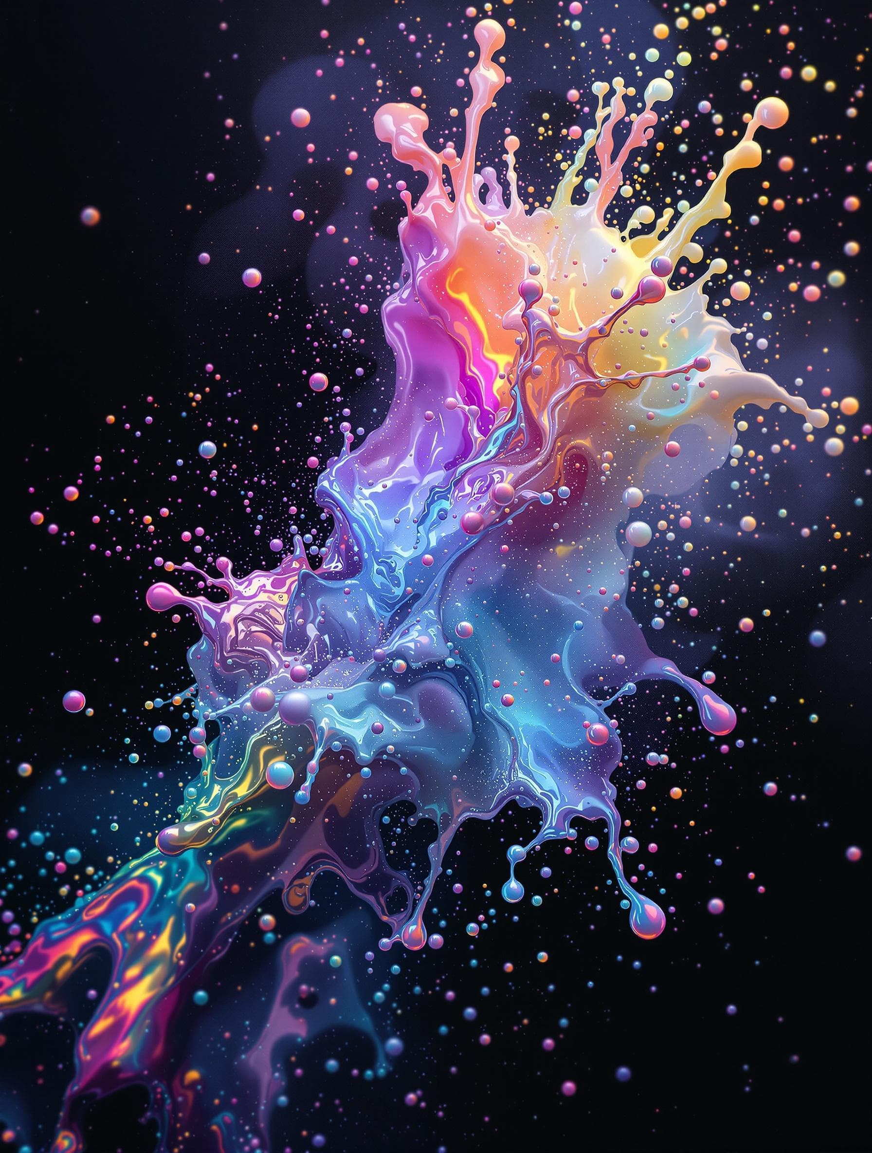 AI generated: holographic milky fluid splashes, hq abstract background fine art, from left out of the picture into...