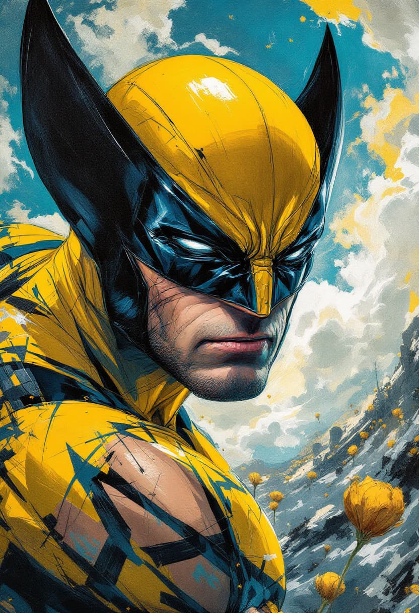 AI generated: 45 degree angled portrait. Dynamic pose. Wolverine, masked, in yellow. Battle scars. Art Nouveau. Ne...