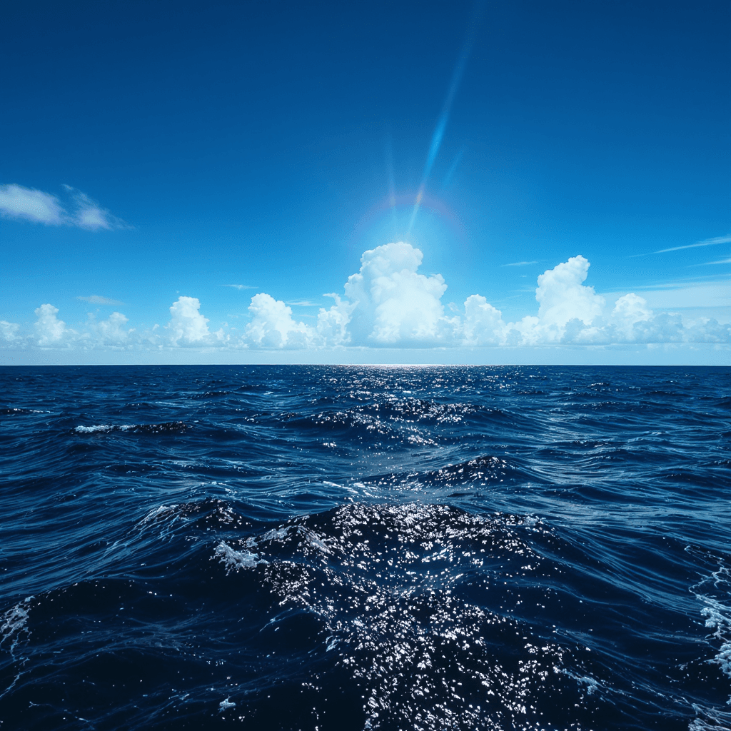 AI generated: UNA IMAGEN DEL MAR MUY AZUL TUMULTUOSO CON GRANDES OLAS ,SOL DE FONDO COLORES BRILLANTES , FOTO PROF...