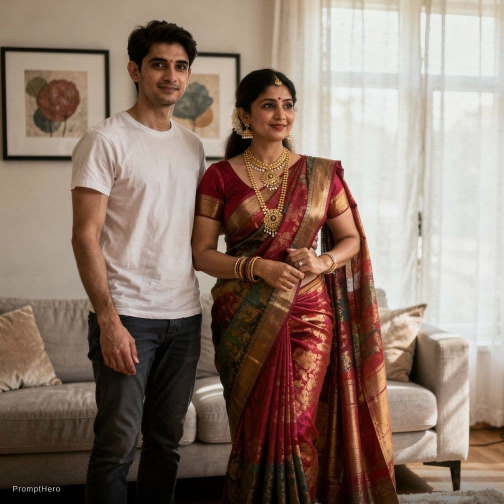 AI generated: A sexy indian mother wearing a hot saree and raising it up to show her thighs to a younger skinny bo...