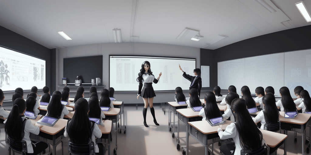AI generated: A panoramic view of a cyber and future style classroom, gorgeous teacher is teaching innovation less...