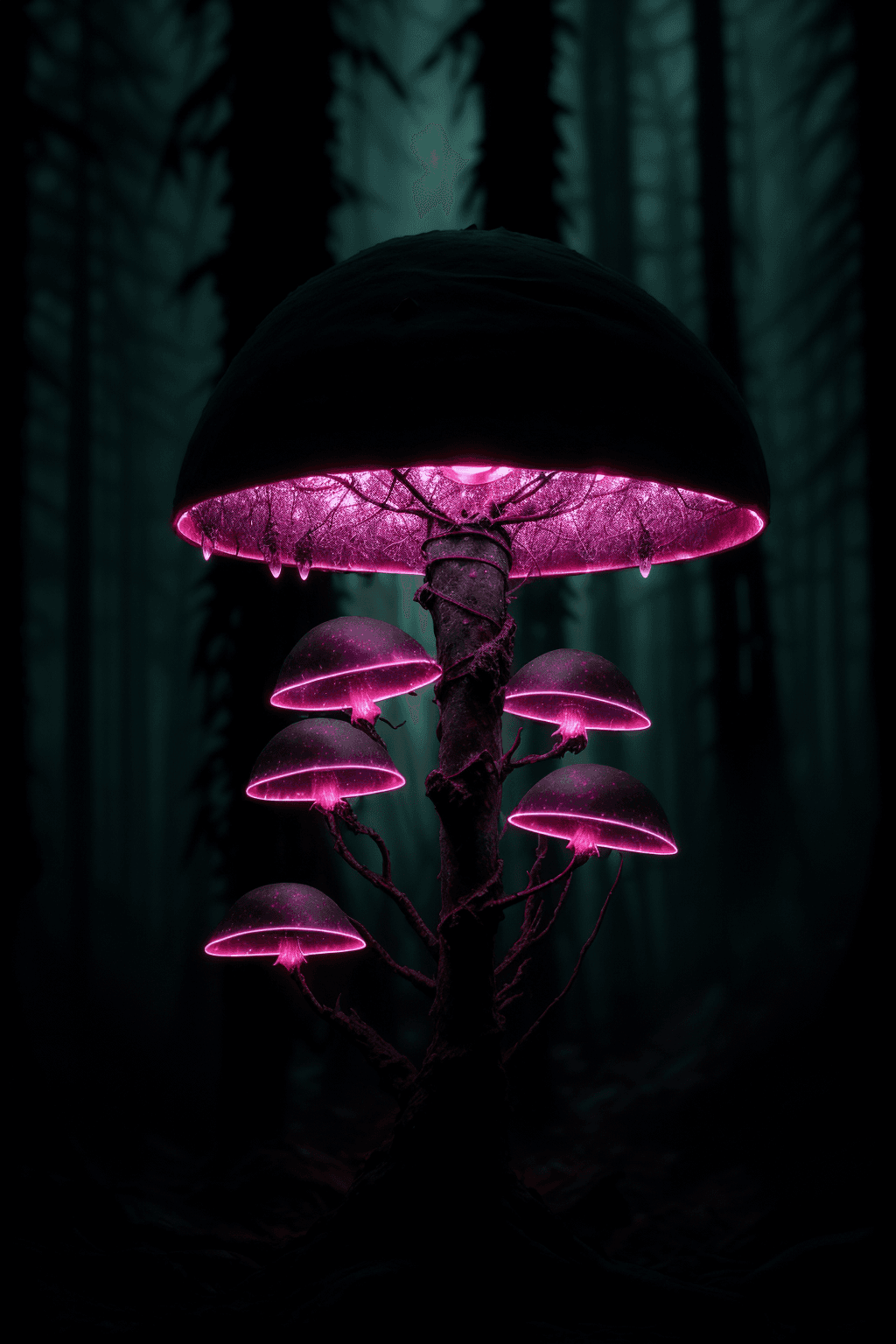 AI generated: (dark shot:1.1), luminous backlit glowing forest mushroom, drops, neon lights around the mushroom, f...