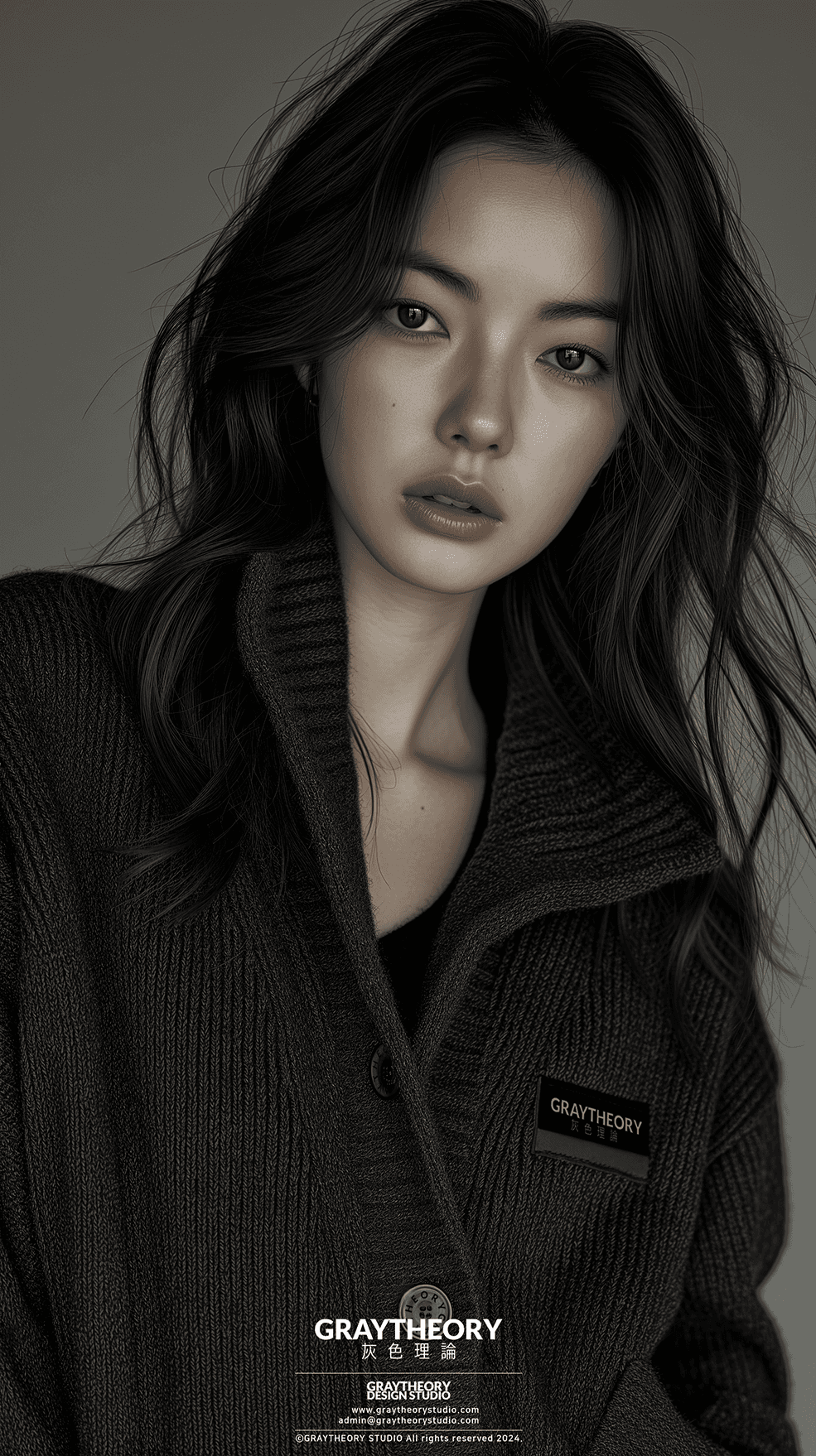 AI generated: Cardigan, dark charcoal color, young korean woman model, stylish hairstyle and make-up, gaze, the ca...