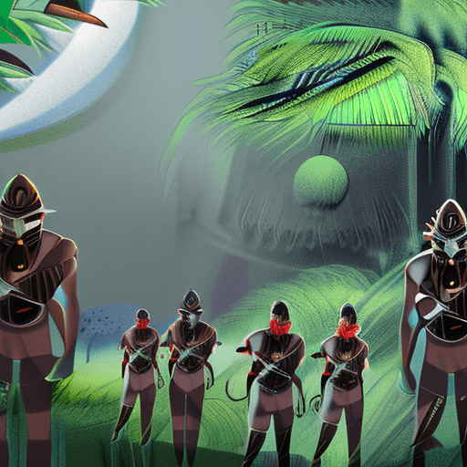 AI generated: High resolution concept art of villagers wearing futuristic tribal masks in a science fiction settin...