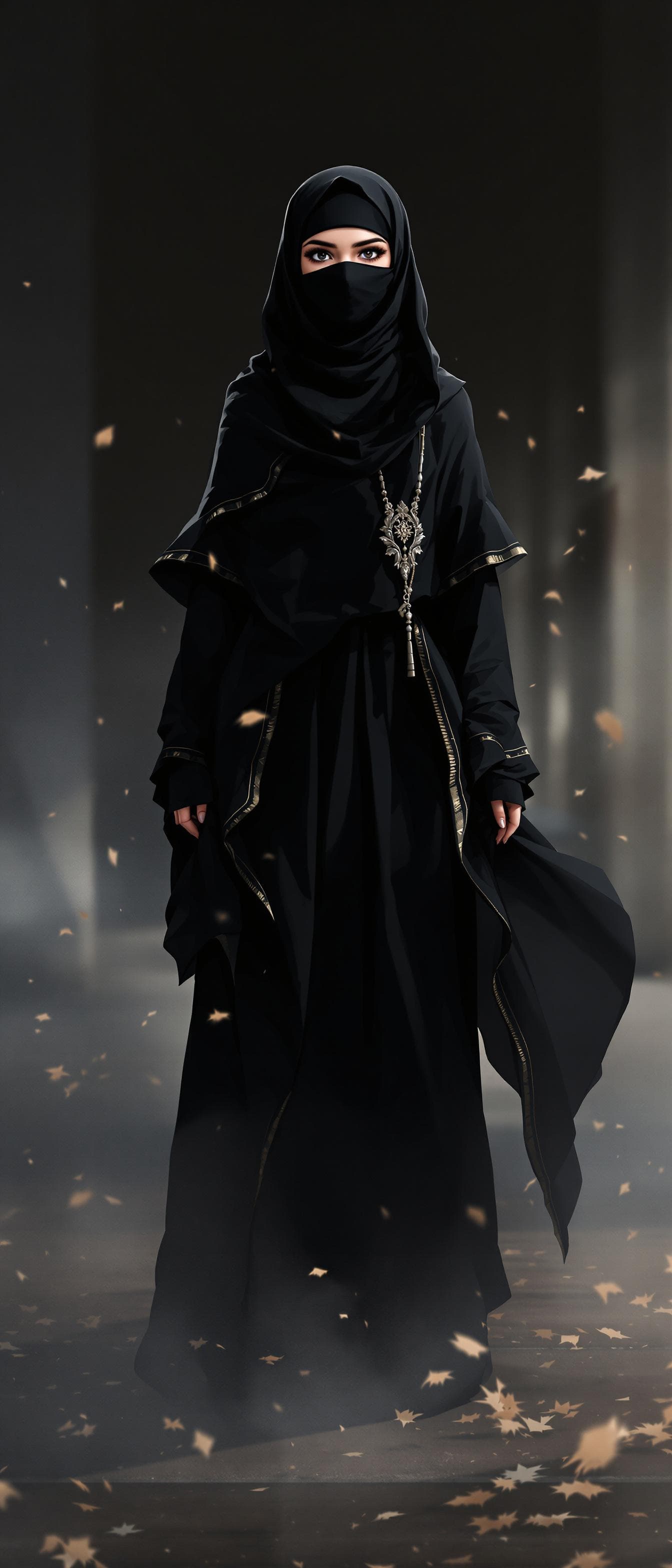 AI generated: manga anime, full body, wearing a black hijab with the covering face like a Arabian woman in black c...