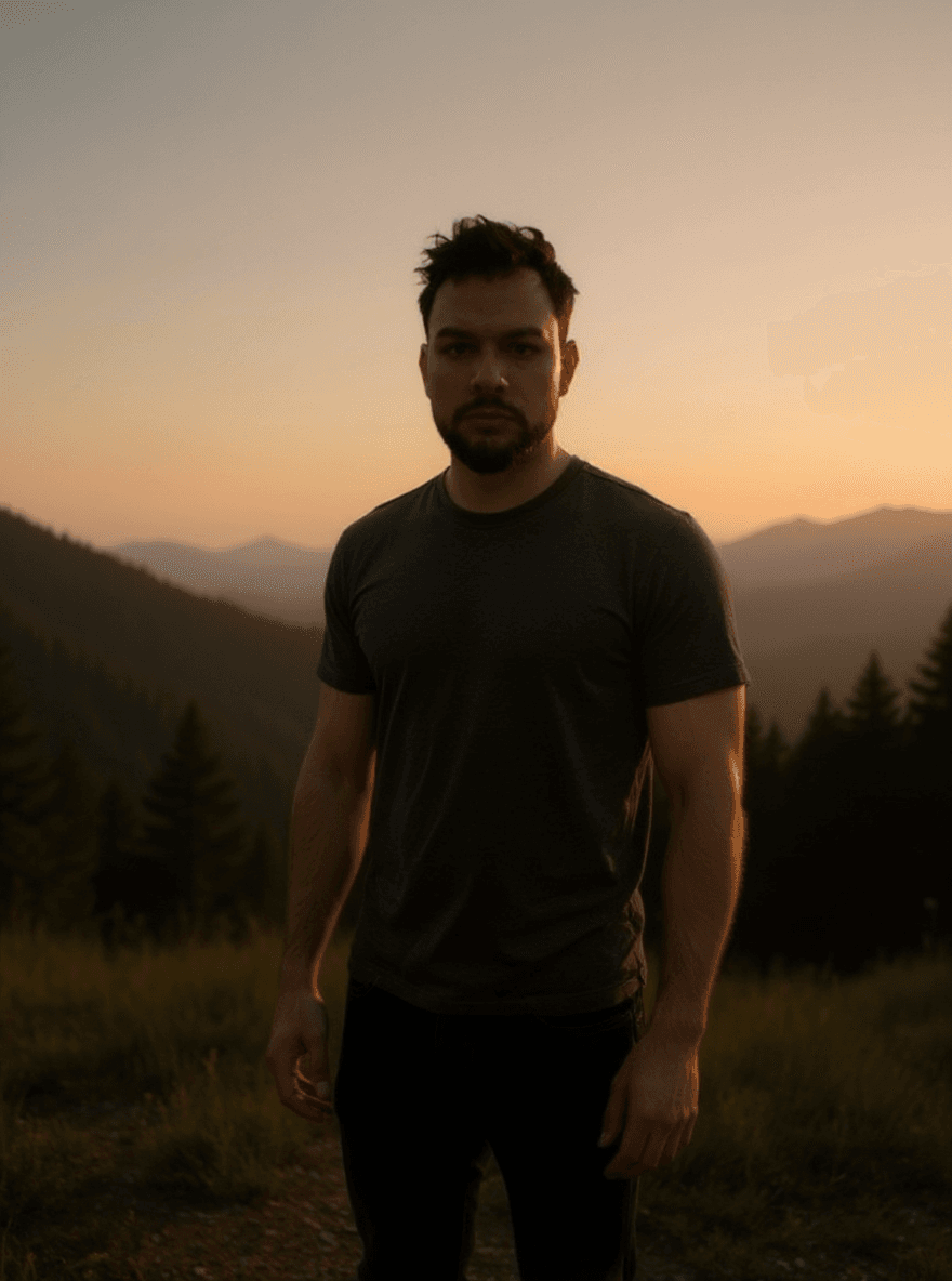 AI generated: A cinematic movie still of an attractive young man with dark hair, wearing casual clothes, standing ...