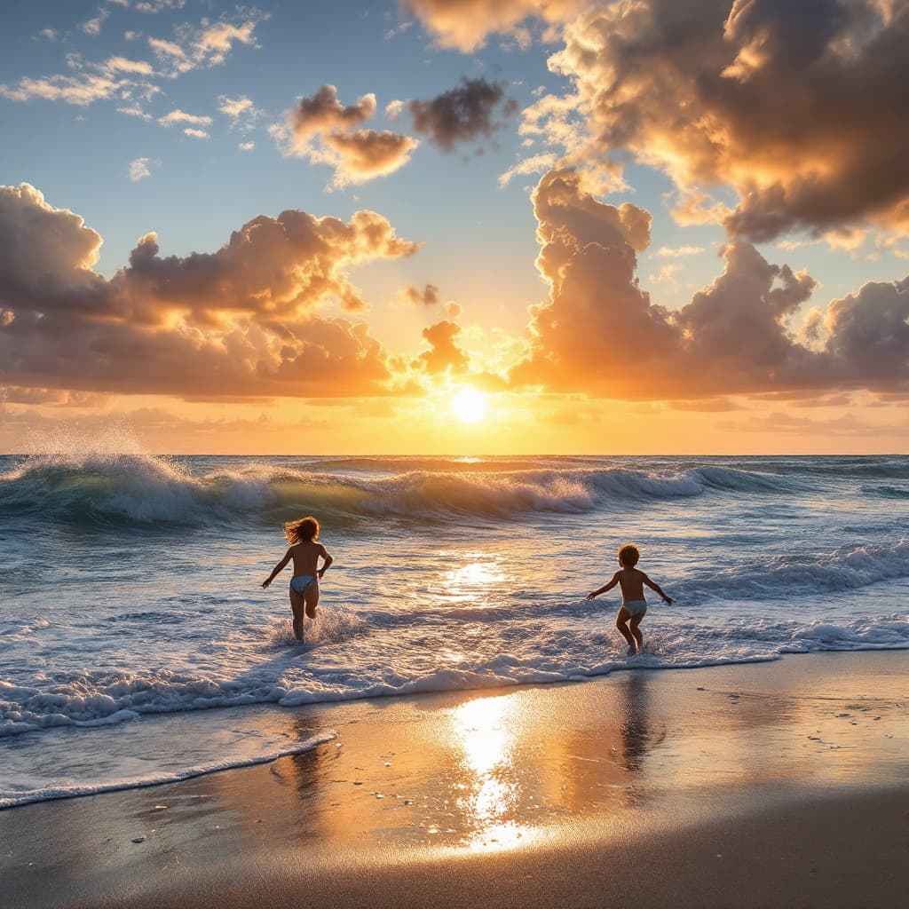 AI generated: Sun set on a beach, strong ocean waves, children running around , high resolution