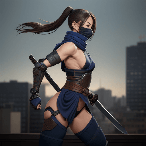 AI generated: Female, beautiful and lean figure, ninja with no markings, very Athletic, dark blue scarf belt, brow...