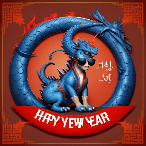 AI generated: a blue dragon with sunglasses and korean cloth, light orange and red, write text on top 2024 Happy n...