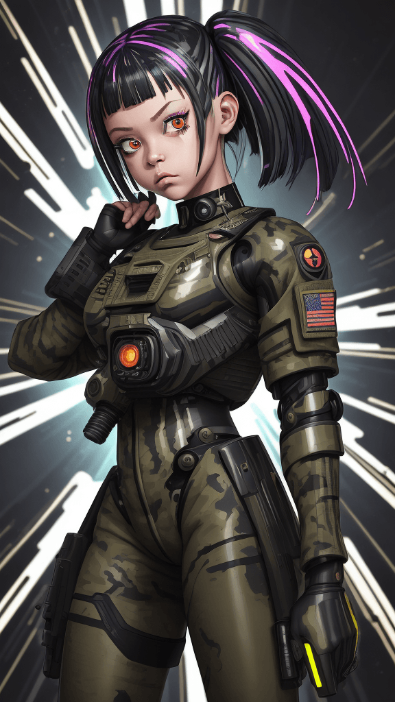 AI generated: in a funky background portrait of little (((((Cyborg female))))):5.5,wearing((army attire)):2.2, sho...