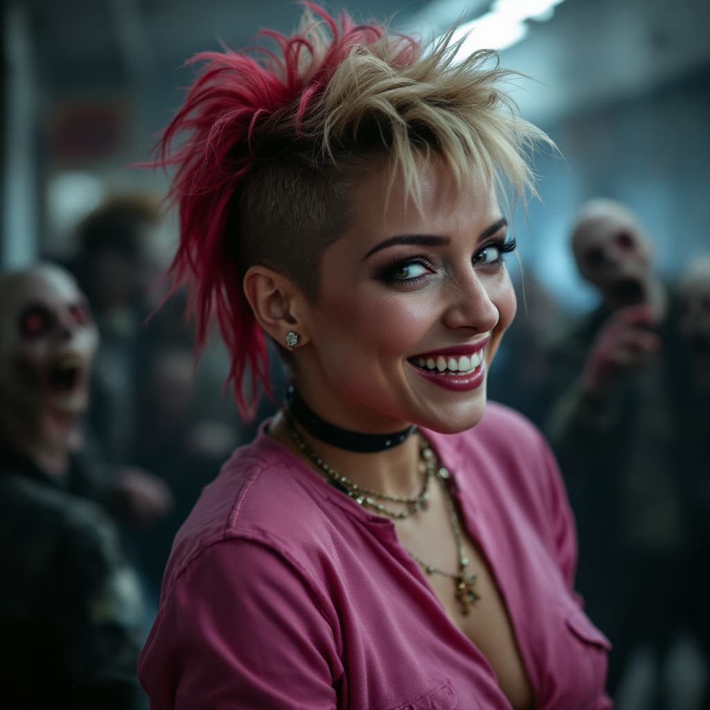 AI generated: A bosy complete  mature woman with punk hairstyle, wearing pink army sleeves with long neckline and ...