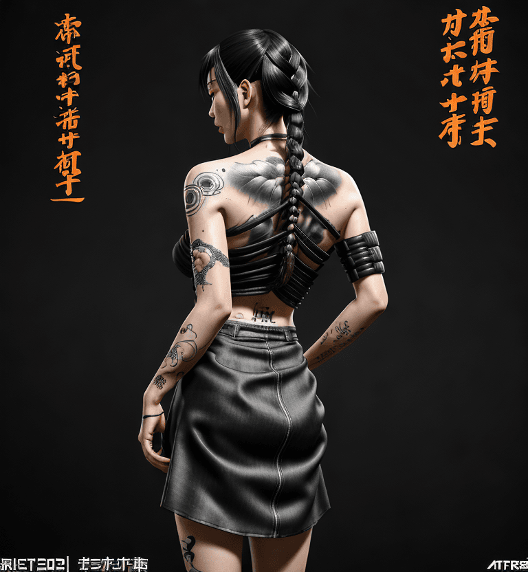 AI generated: ispired by artgerm, a full back tattooed japanese woman with long black braid, back against camera, ...
