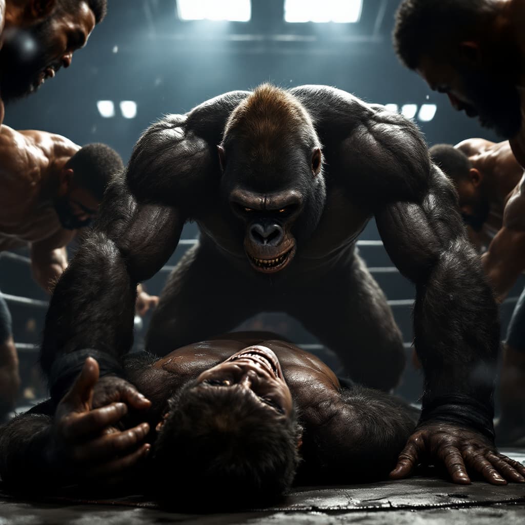 AI generated: Cinematic professional 3D animation of a gorilla  in a gym ring surrounded physically fit black men ...