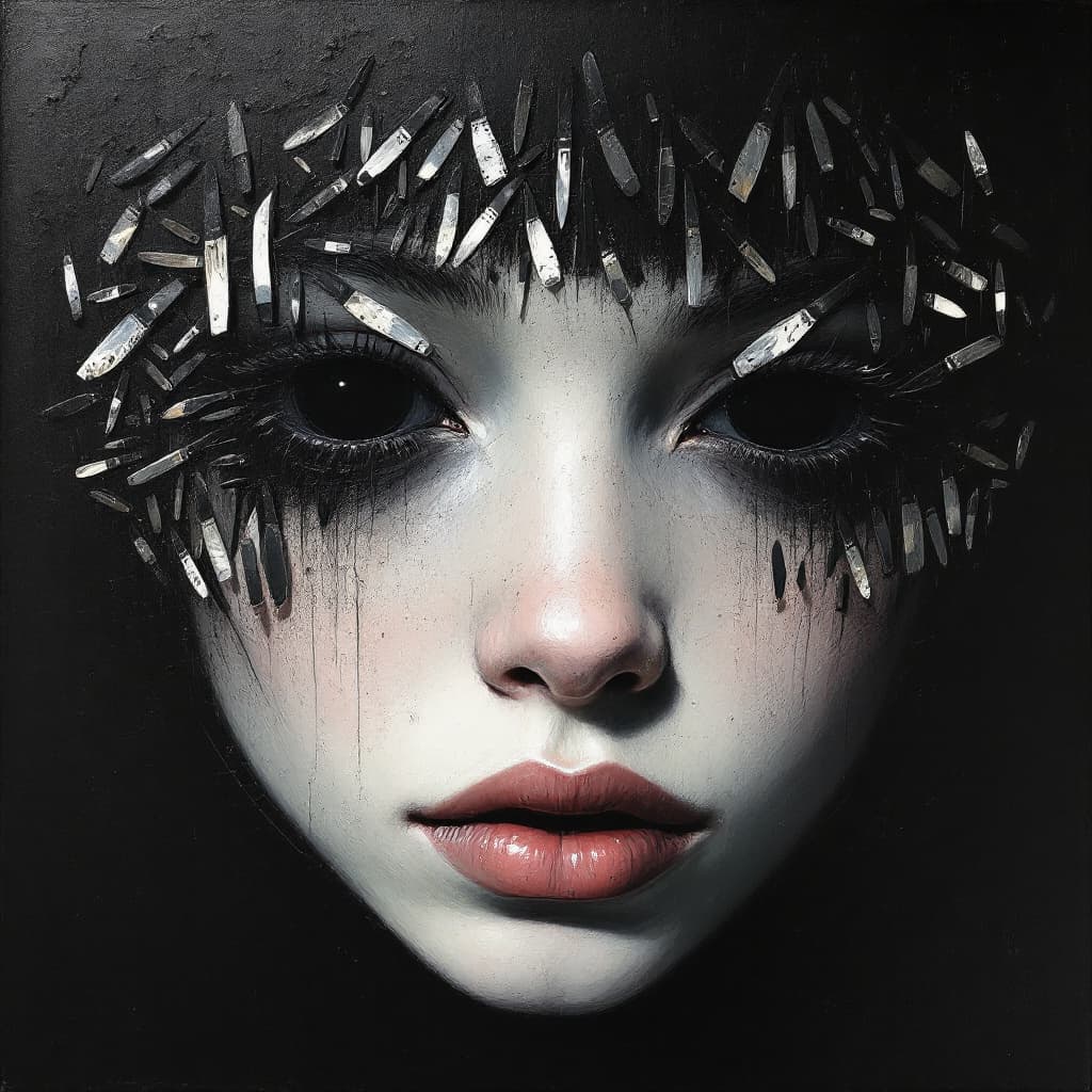 AI generated: artistic, oil painting, face, portrait of girl, empty eyes, grainy touch, minimalist avant-garde, ri...