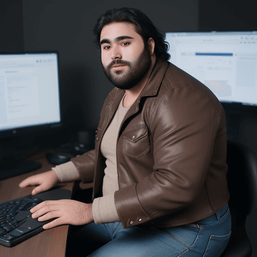 AI generated: A dark-hairy fat boy, wearing a brown jacket and blue jeans, working in a computer with two monitors...