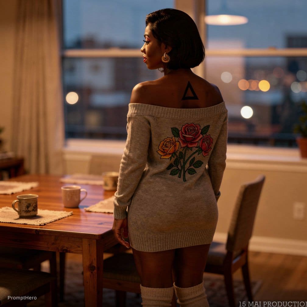 AI generated: A cozy, intimate evening apartment scene. A woman with a short dark bob haircut stands with her back...