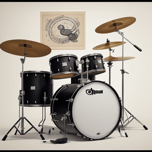 AI generated: pen painting, portrait of a Drum Set Kit, with musical notes flying on the air, delicate ink lines, ...