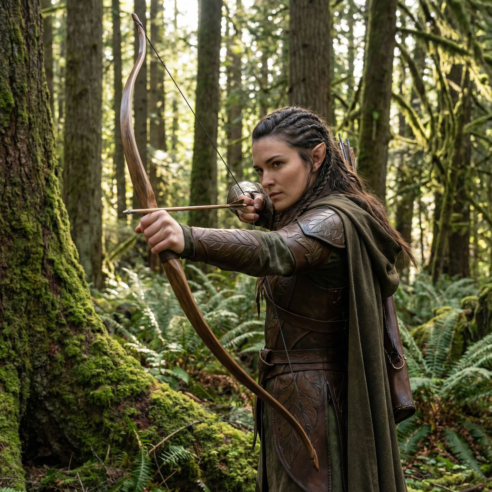 AI generated: a beautiful elven ranger drawing her bow in a forest