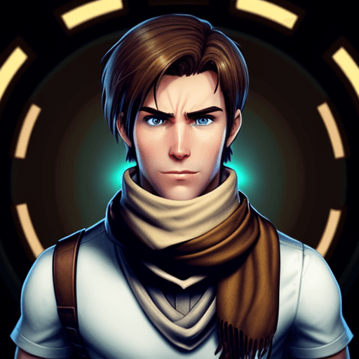 AI generated: make me my video-game hero, brown hair, neck scarf, everyone is afraid of him