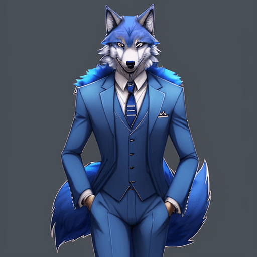 AI generated: furry, fursona, anthro, blue fur, wolf male, anthropomorphic, suit, anime