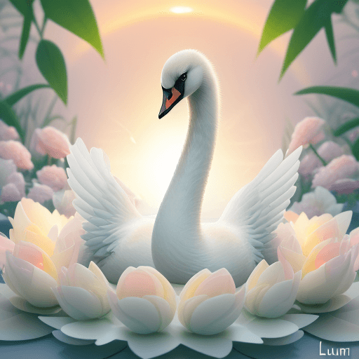 AI generated: White swan chick in 3D shape. Foliage and flowers incorporated in pastel tones. Lumen. Sunrise backg...