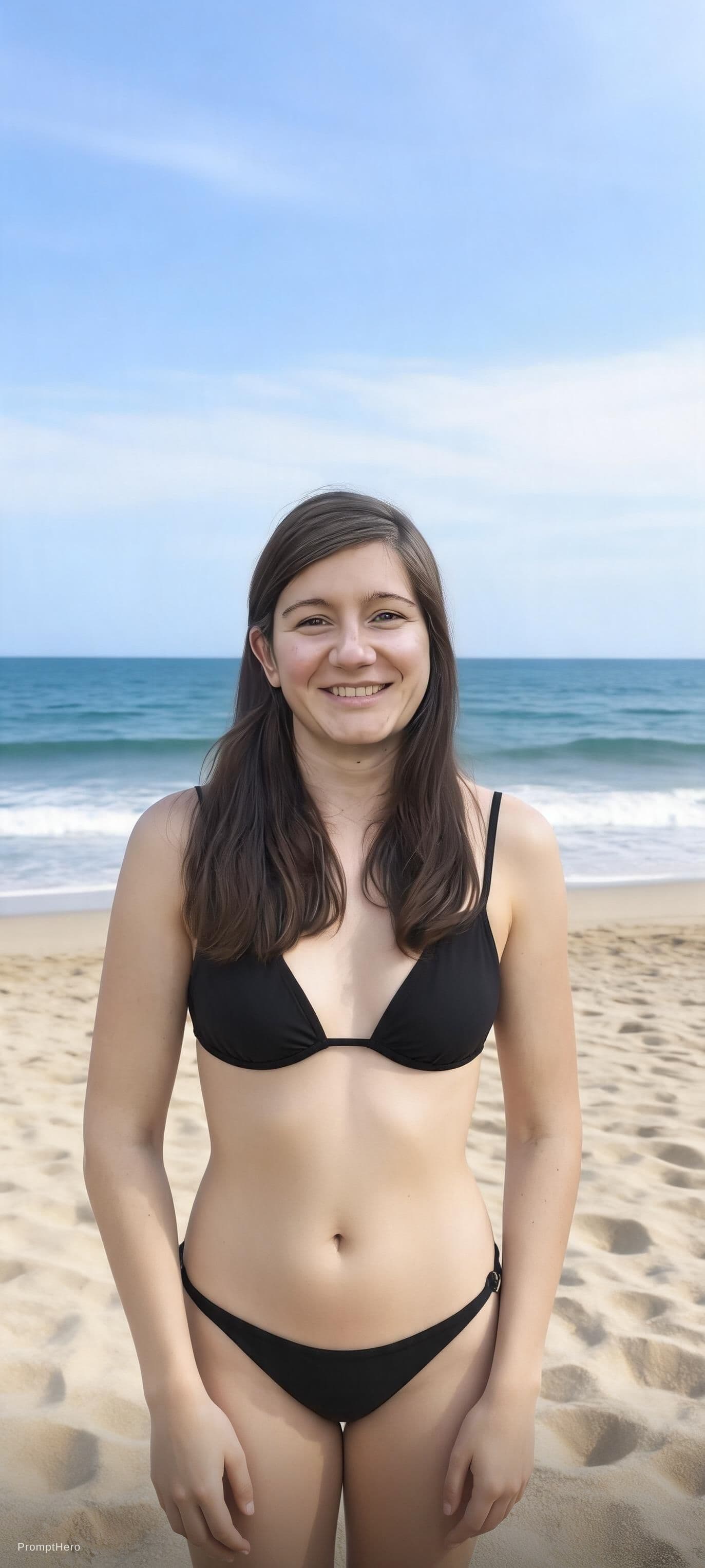 AI generated: Die Frau ist 18 Jahre alt und hat einen Bikini am Strand an.