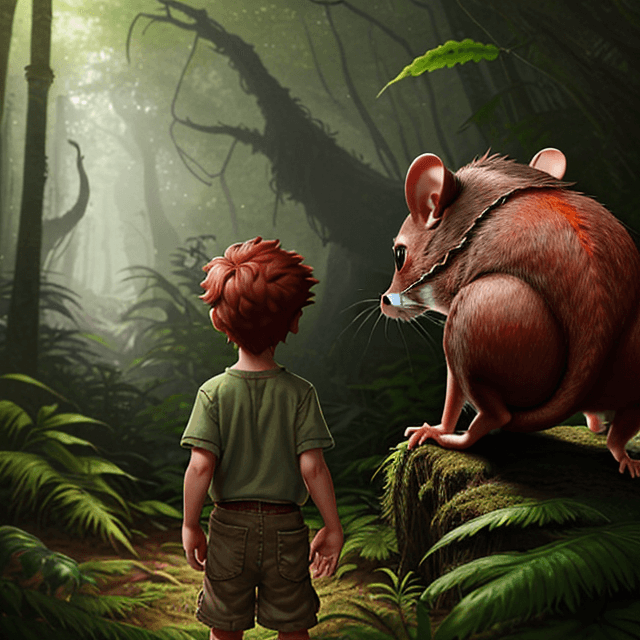 AI generated:  a young prehistoric boy sees a back of a red rat hiding in  a prehistoric forest, behind the leaves...