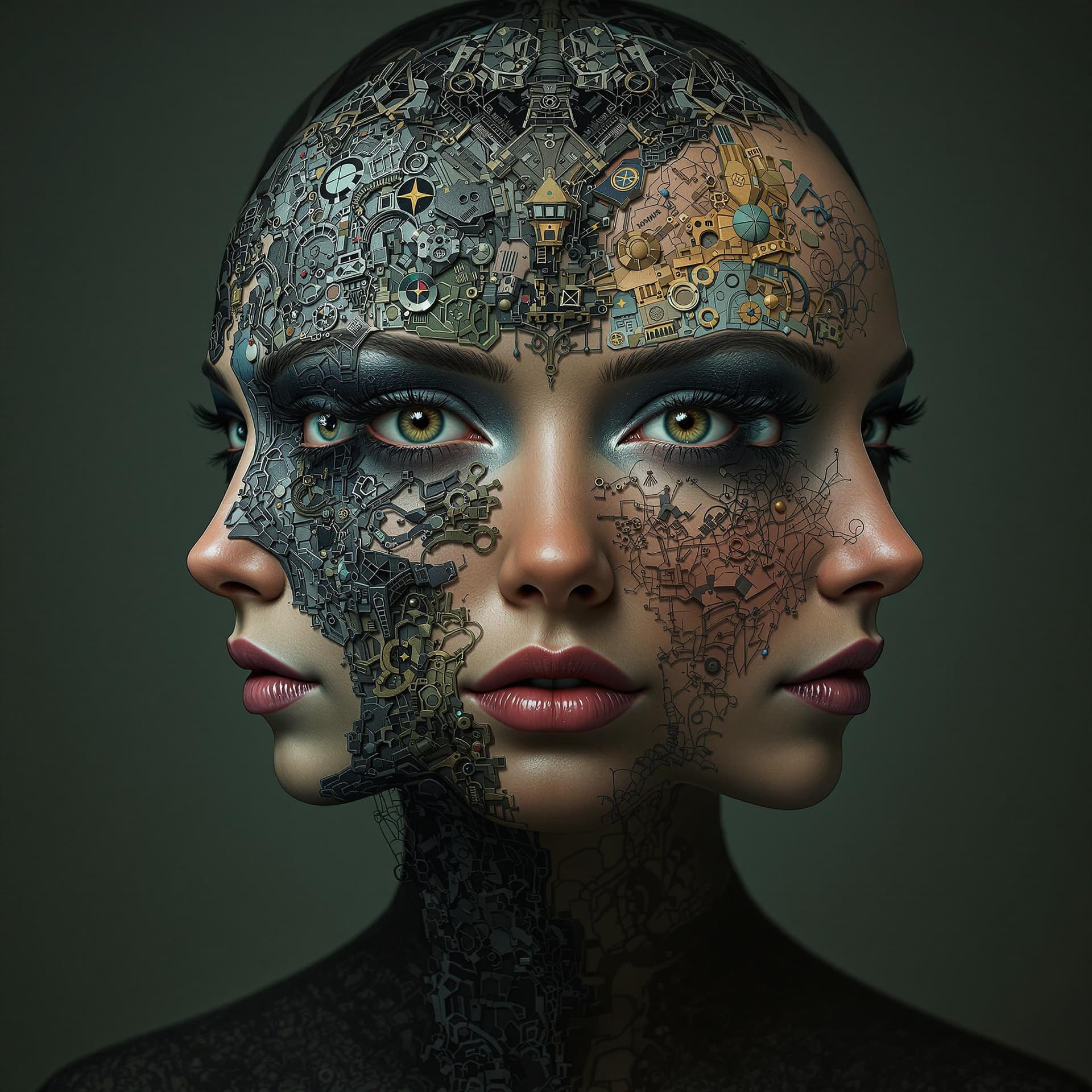 AI generated: A tri-faceted female portrait in intricate digital art, where three faces blend seamlessly into a si...