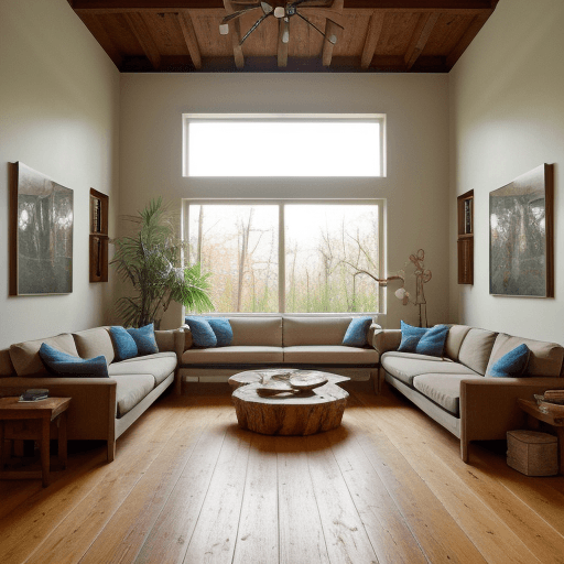 AI generated: High resolution photography interior design, dreamy sunken living room conversation pit, wooden floo...