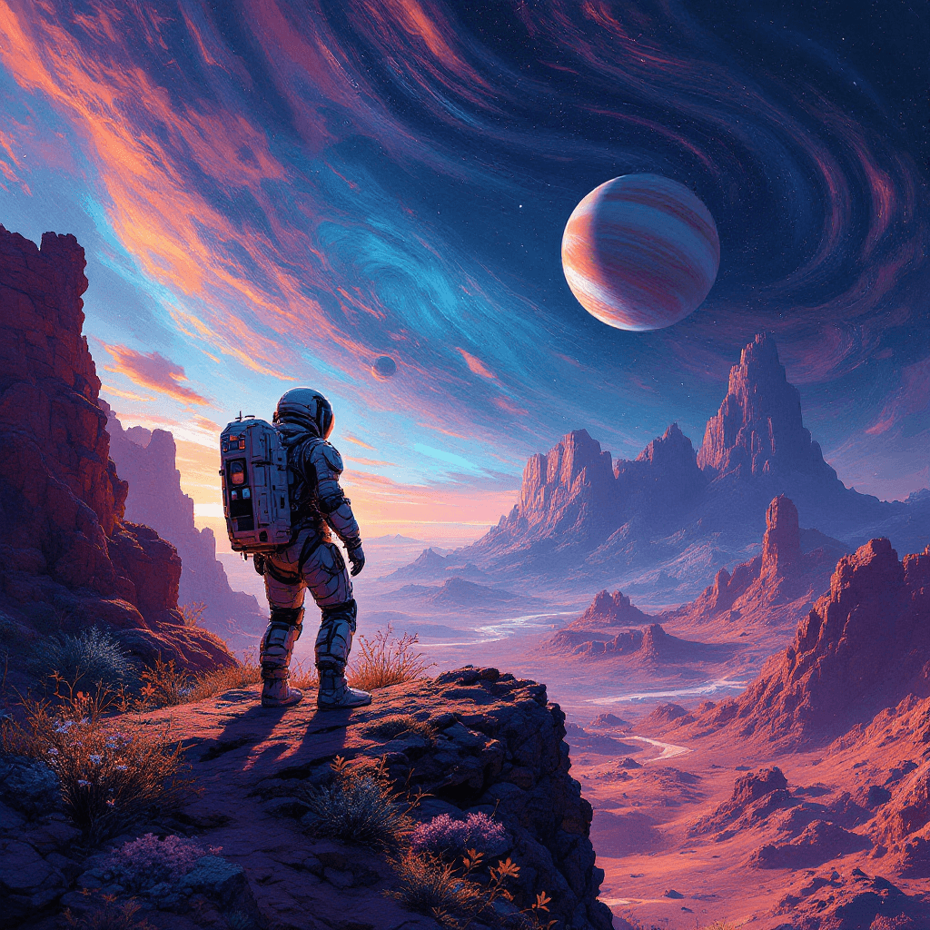 AI generated: Lonely cyborg astronaut in jupiter, epic scene, by victo ngai, kilian eng vibrant colours, dynamic l...