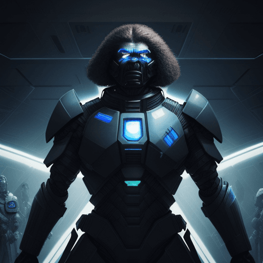 AI generated: In a futuristic colony orbiting Earth, a supreme commander, human with Neanderthal-like features, le...