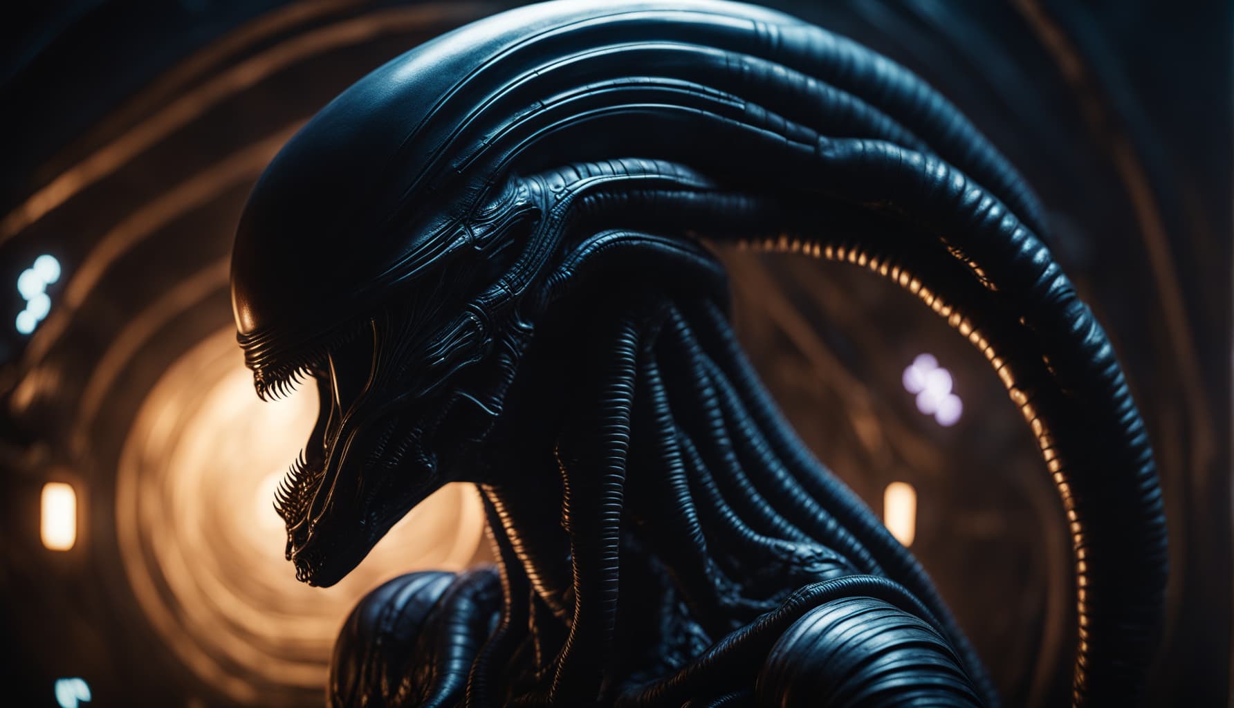 AI generated: Cinematic portrait photo, close up, cinematic alien xenomorph (iconic streamlined shape) , in NOSTRO...