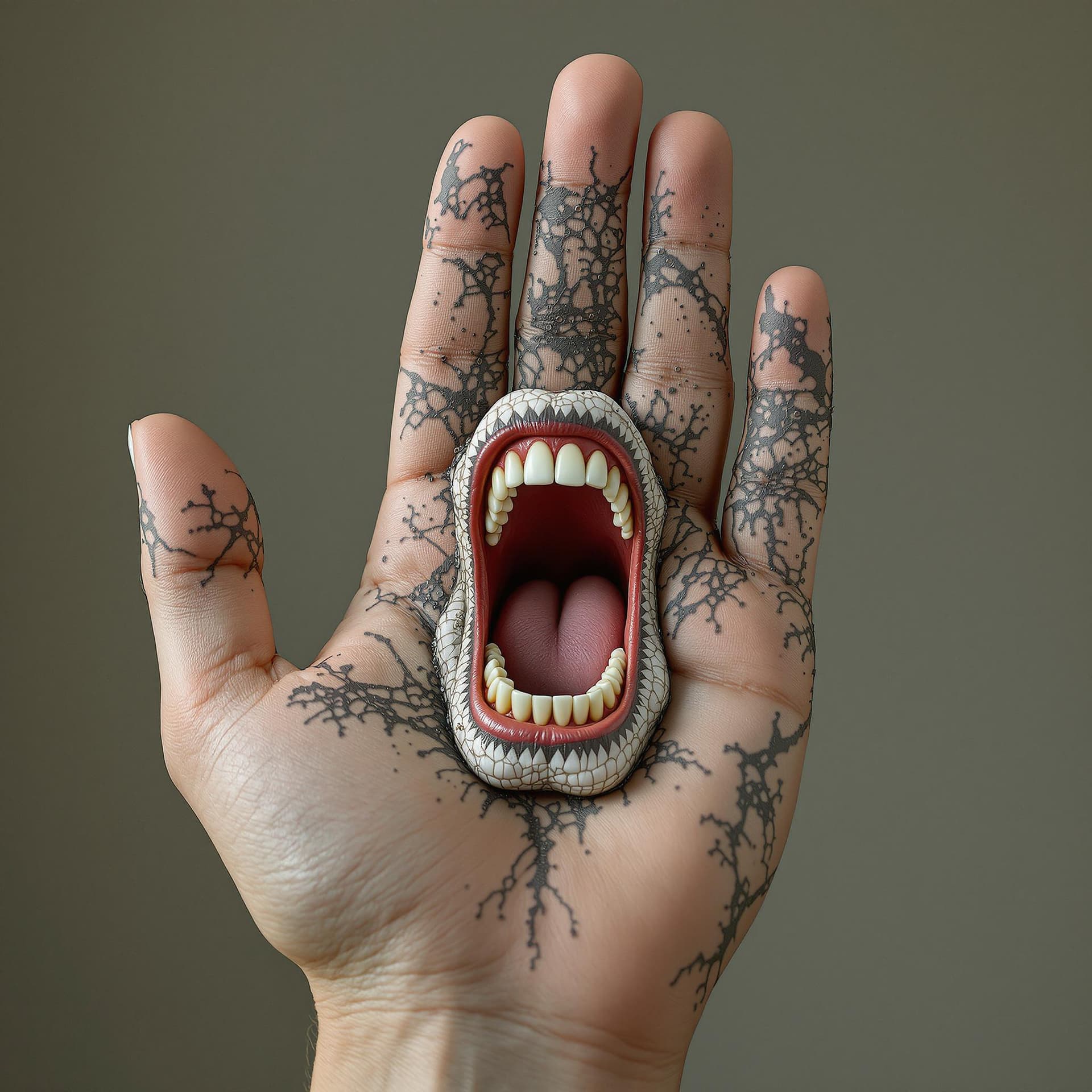 AI generated: she is a screaming mouth on the palm. Beautiful patterns made of lava. funny, White teeth in the sty...