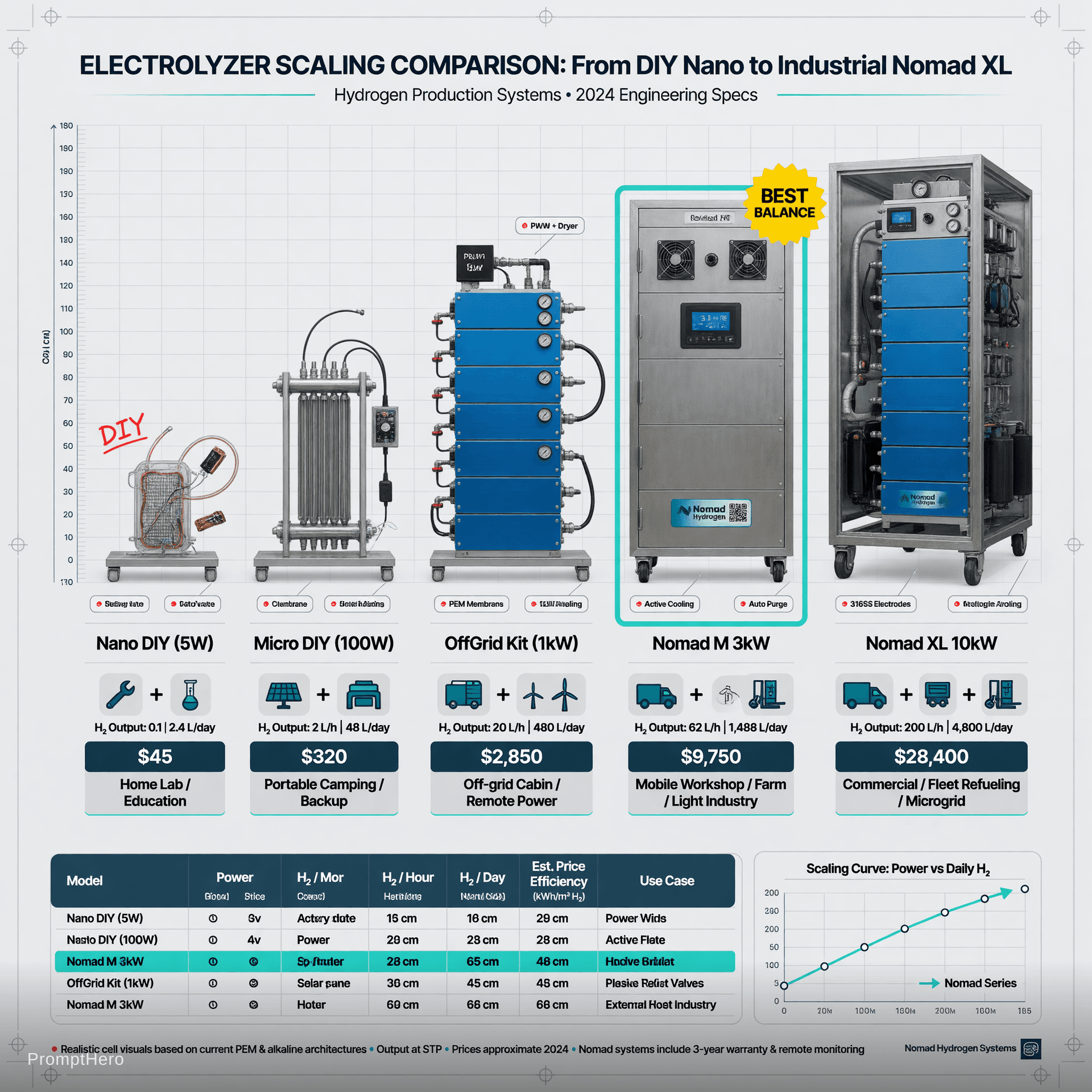 AI generated: Clean professional technical comparison chart illustration showing electrolyzer scaling from DIY Nan...