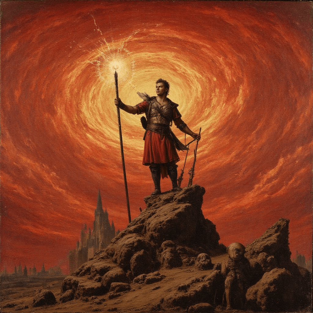 AI generated: Craft an Old Master painting-style image ofI Glorious pride lifts you high into crimson skies. Eyes ...