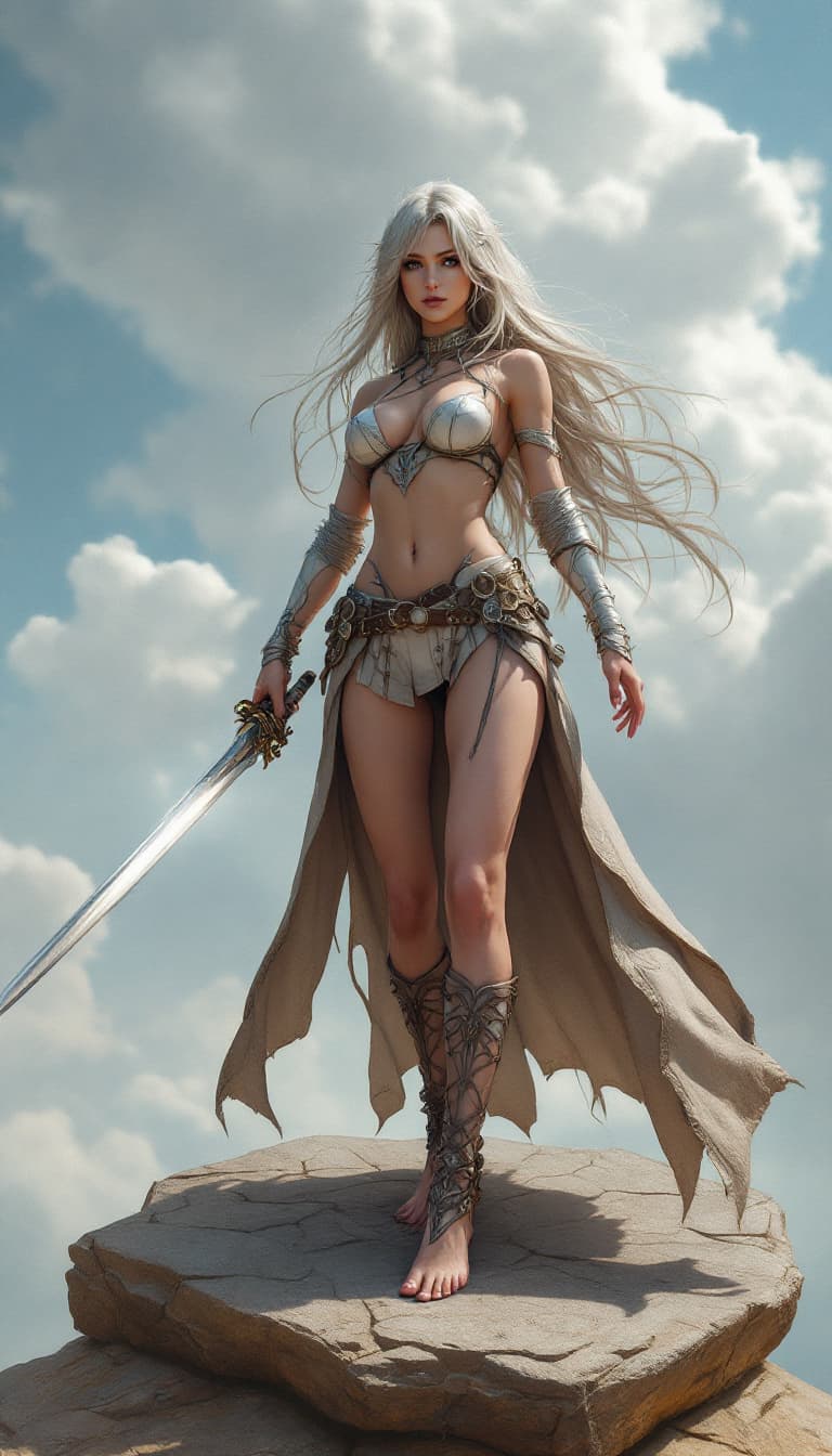 AI generated: a woman in a cosplay outfit standing on a stone platform with long hair and a sword in her hand, bar...