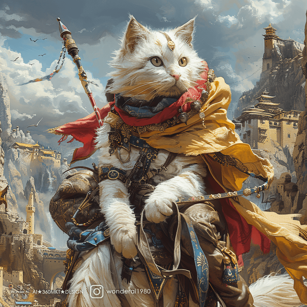 AI generated: an anthropomorphic cute cat is horse rider, in the style of cinematic montages, dragon art, francisz...