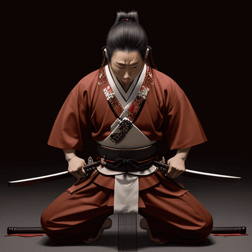 AI generated: A japanese man praying with a samurai sword between his hands. The katana hilt faces up and the blad...