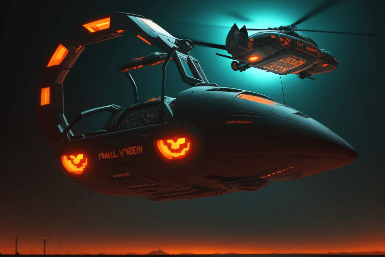 AI generated: A futuristic cyberpunk style in 2480, Halloween pumpkin in Helicopter shape, as Skull shape face, wi...