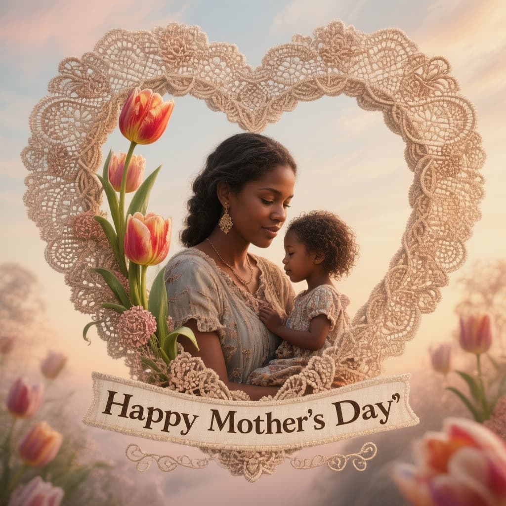 AI generated: Highly detailed lace heart-shaped frame with tulips down one side and a centered image of a dark-ski...