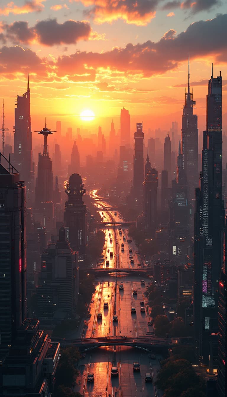 AI generated: A futuristic cityscape at sunset, with flying cars, cyberpunk style, ultra-detailed, high contrast l...