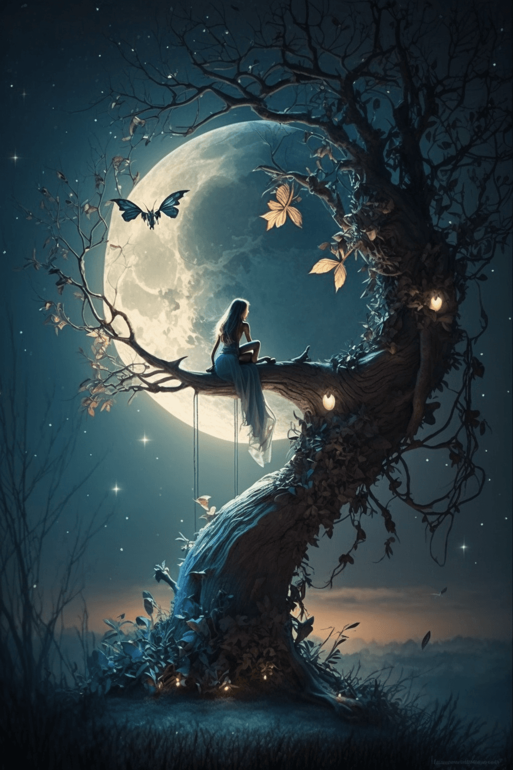 AI generated: little fairy + wings sit on the tree and look at the moon, night wood, satellite imagery, epic fanta...